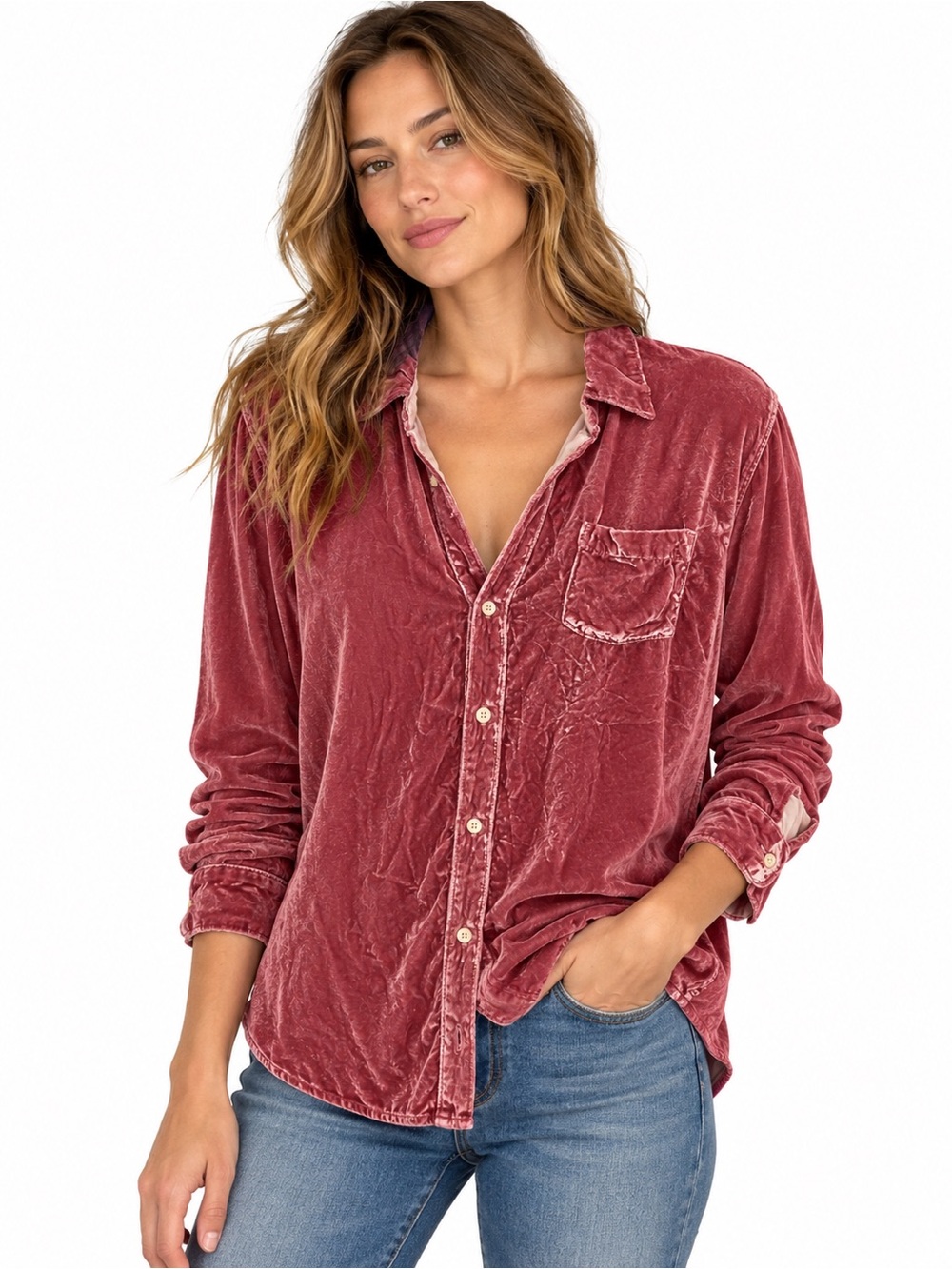 CP Shades Velvet Button-Down Shirt in Rosewood